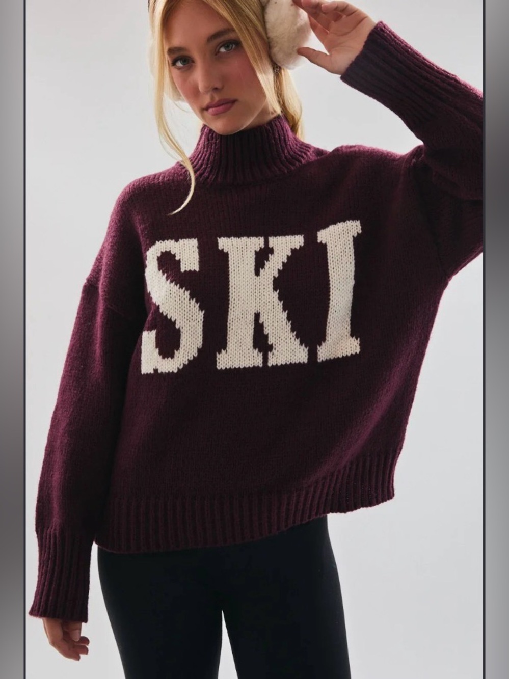 Le Lis Burgundy Mock Neck 'SKI' Sweater with Cream Lettering